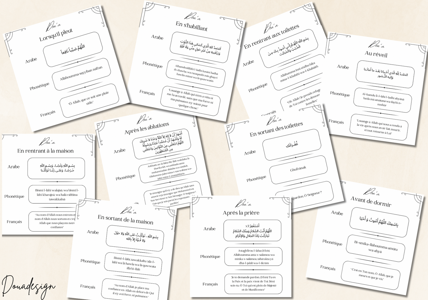 Pack de 10 Stickers Muraux Islamiques (Arabe, Français, Phonétique)